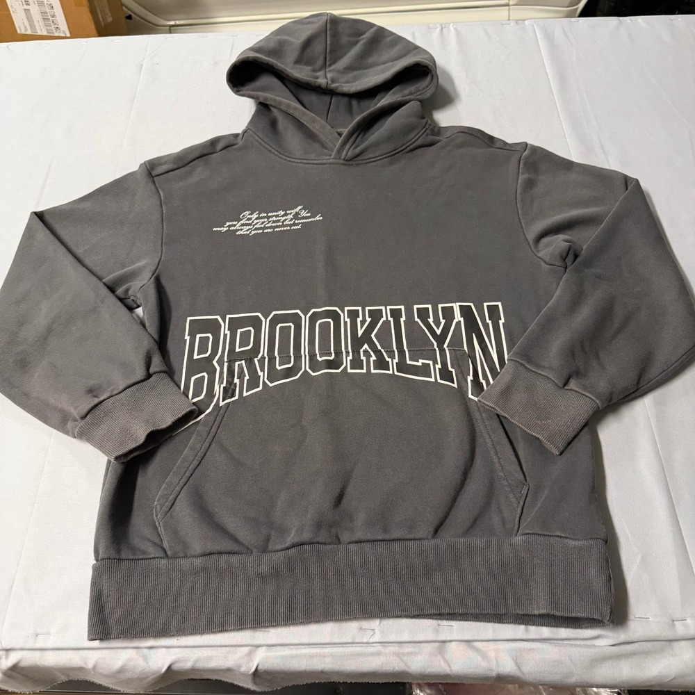 HM Mens Relaxed Fit Brooklyn Wolf Graphic Hoodie Charcoal Grey XS NYC Streetwear